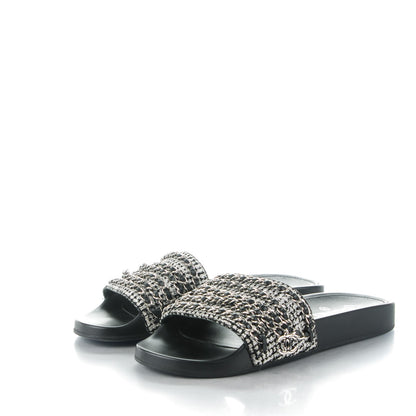 Chanel Tweed Lambskin Chain Flat Sandals 41 Black White 3 of 8