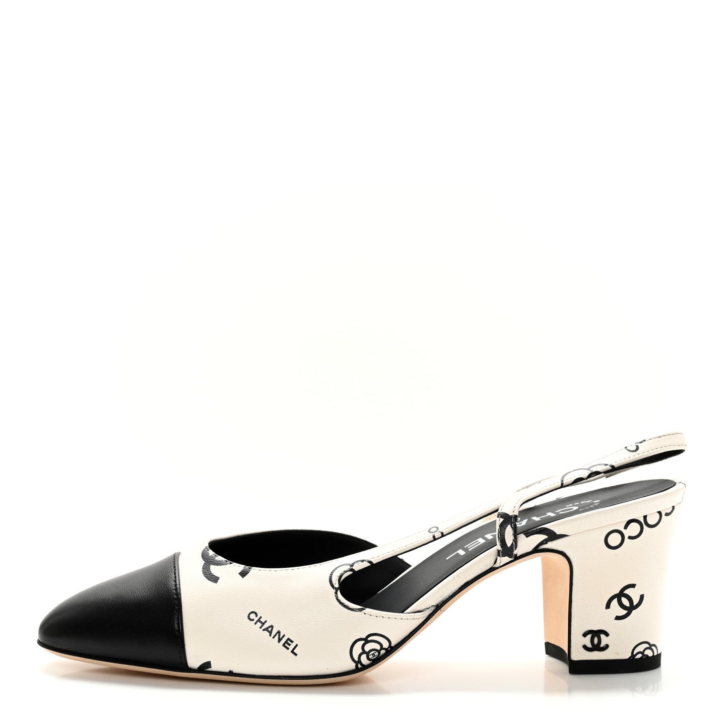 Printed Lambskin Cap Toe CC Slingback Pumps 39.5 Black White
