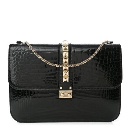 Valentino Garavani Patent Crocodile Embossed Large Glam Lock Rockstud Flap Black 1 of 9