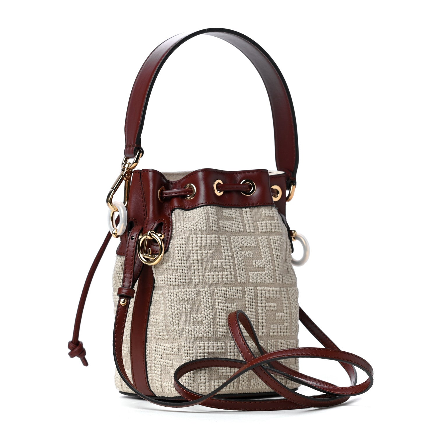 Fendi Sardinian Jacquard Vitello King F is Fendi FF 1974 Embroidered Mini Mon Tresor Bucket Bag Corda Praline 2 of 4