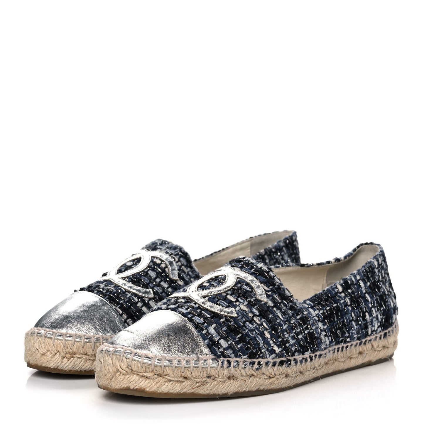 Metallic Tweed Lambskin CC Espadrilles 42 Blue Black Silver