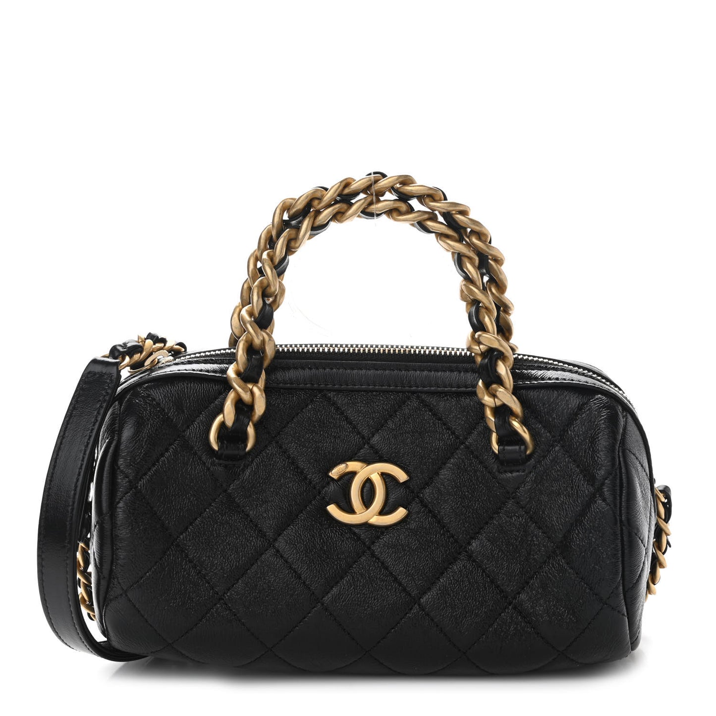 Shiny Lambskin Quilted Small Fashion Therapy Bowling Bag Black