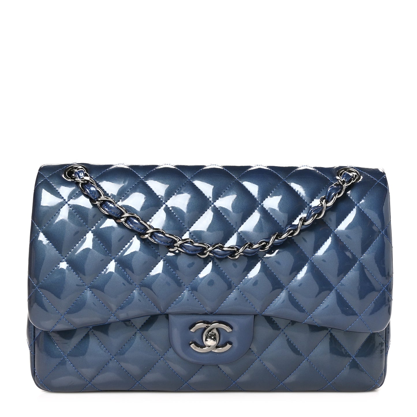Patent Calfskin Quilted Jumbo Double Flap Blue