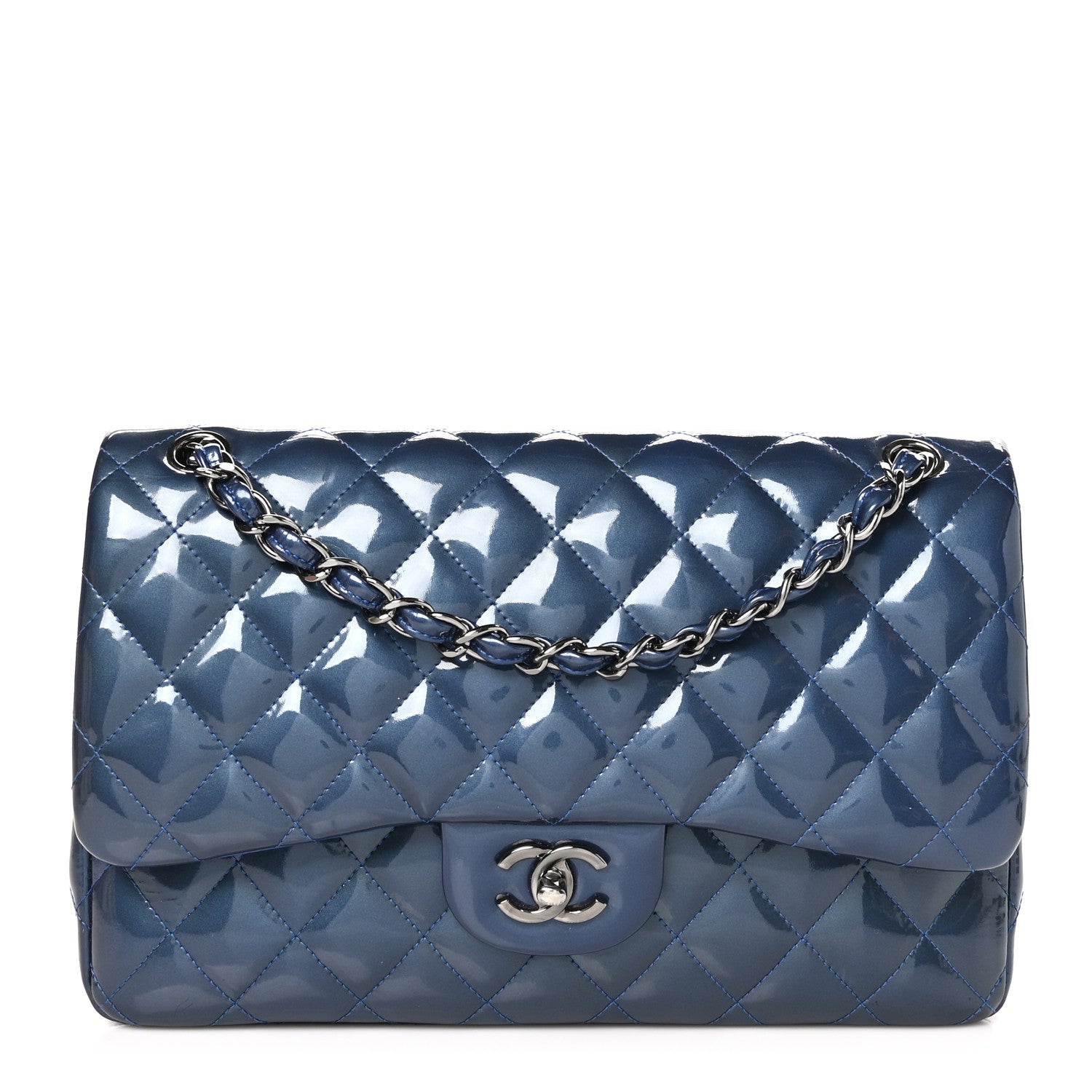 Chanel Patent Calfskin Quilted Jumbo Double Flap Blue 1 of 10