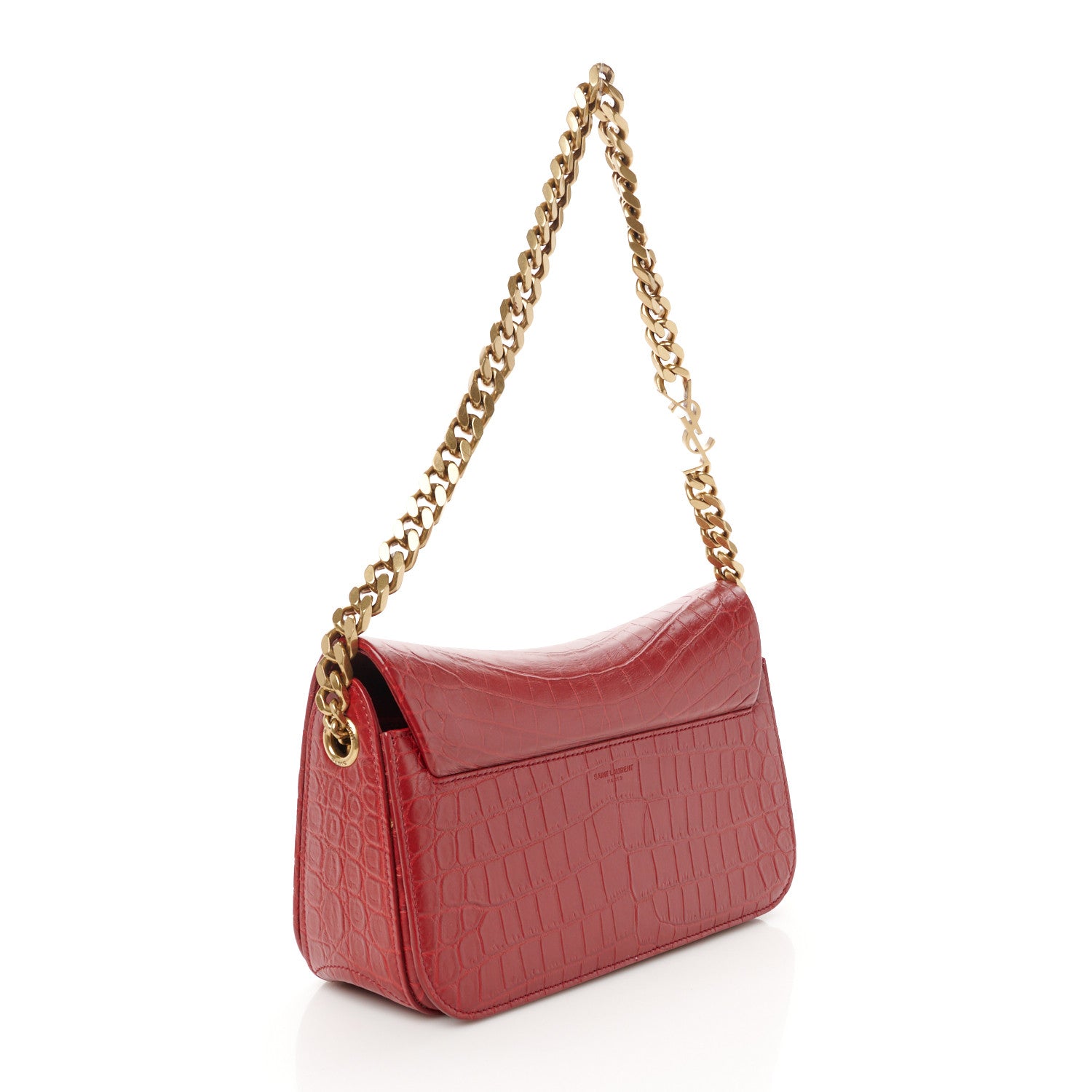Saint Laurent Calfskin Crocodile Embossed Elise Chain Shoulder Bag Red 3 of 11