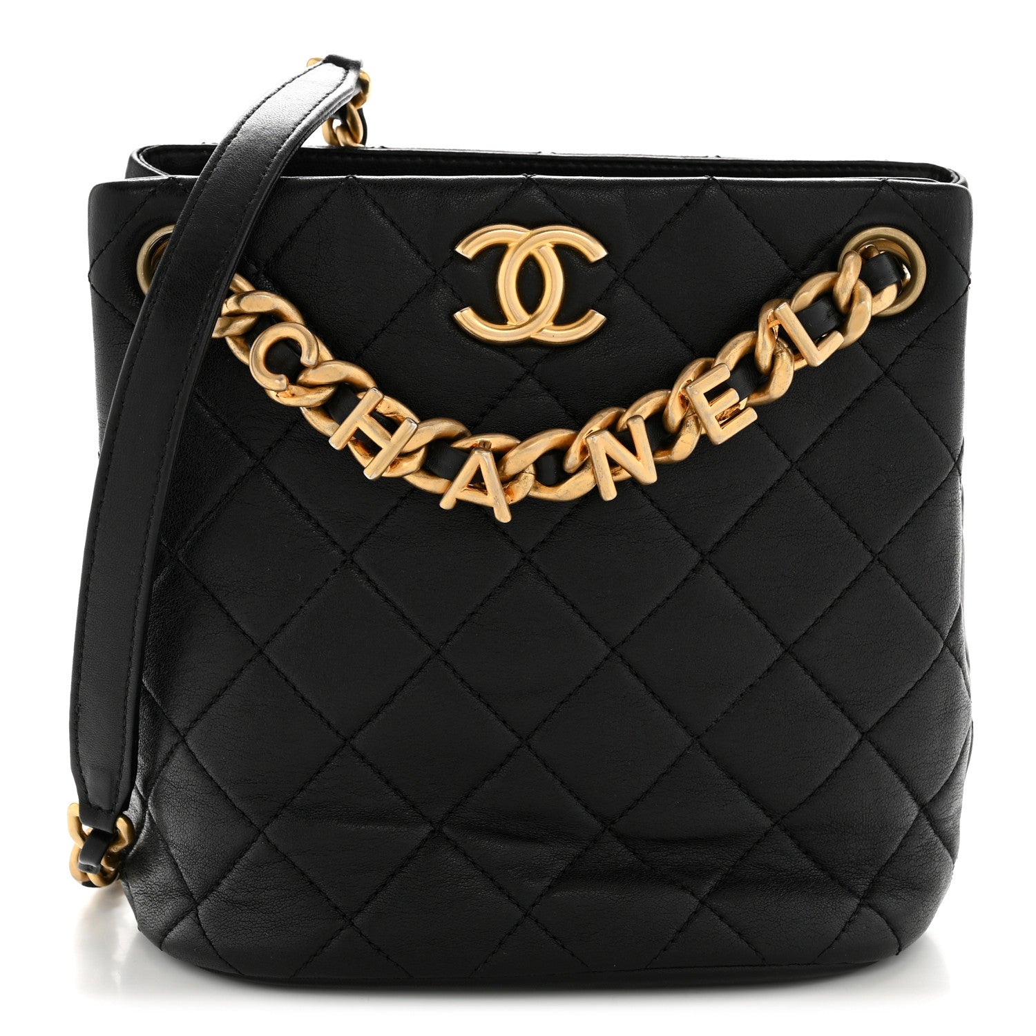 Chanel Lambskin Quilted Chaine Lettre Small Bucket Bag Black 1 of 14
