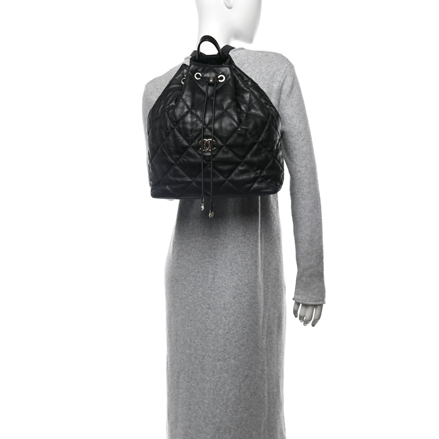 Lambskin Quilted Drawstring Backpack Black