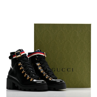 Gucci Calfskin Sylvie Web Womens Lace Up Combat Boots 37.5 Black 9 of 9