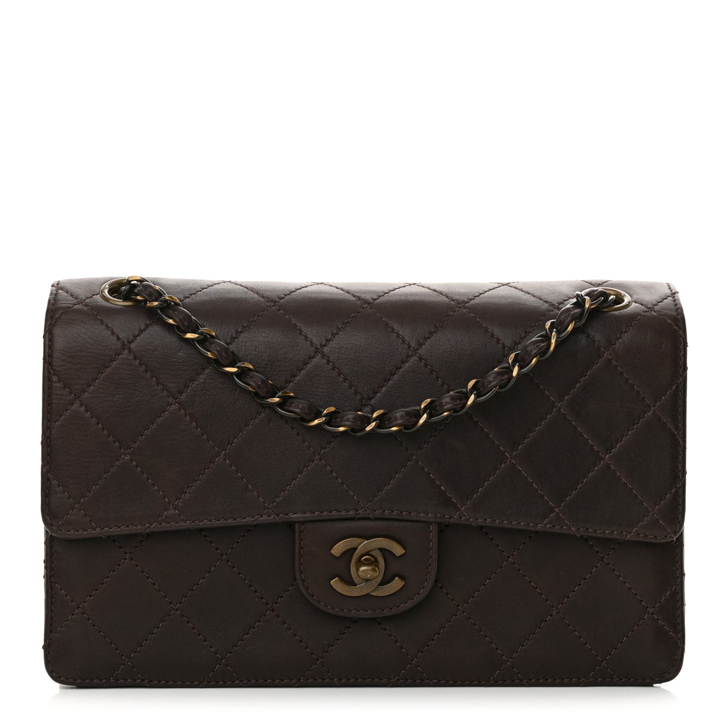 Lambskin Quilted Single Flap Dark Brown