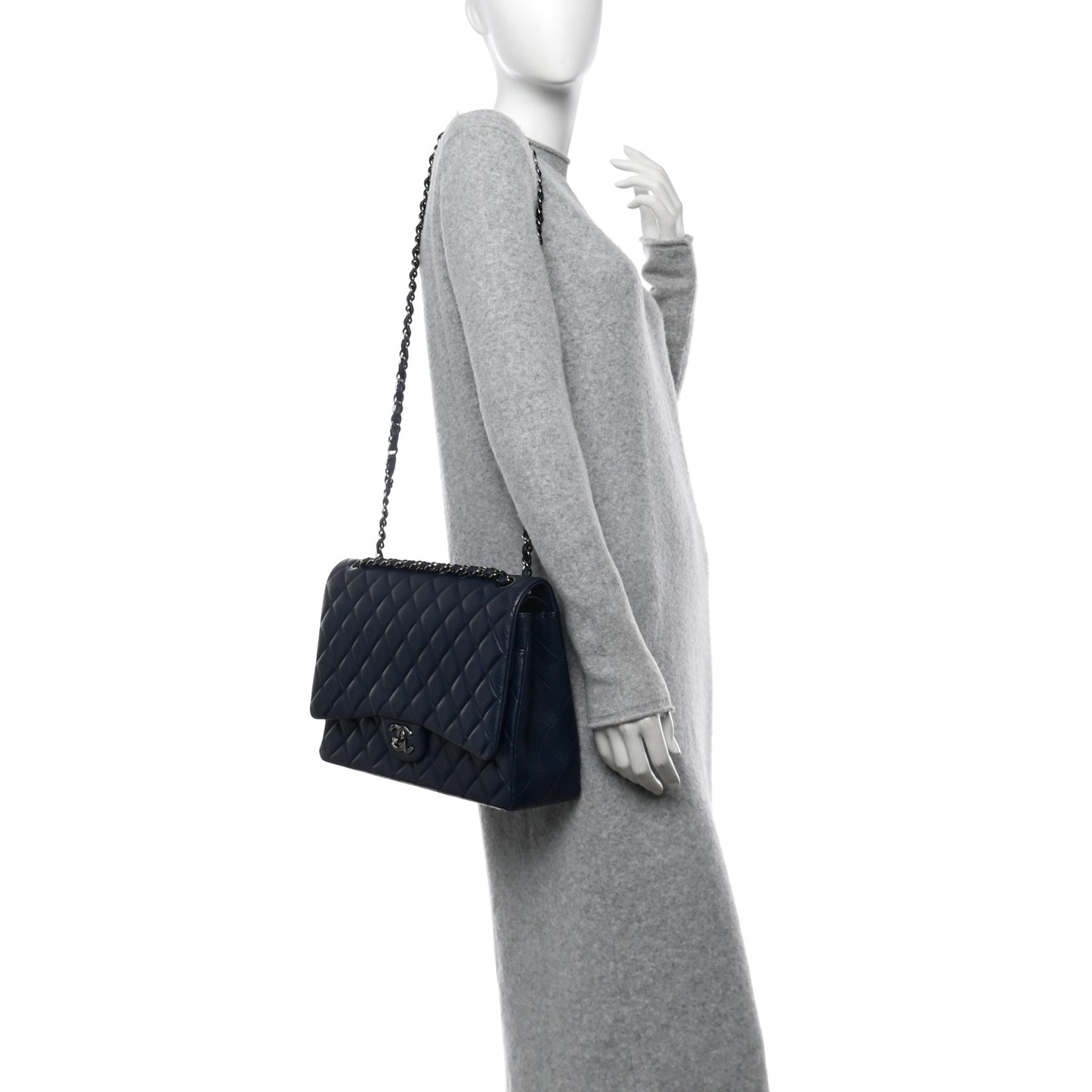 Lambskin Quilted Maxi Double Flap Dark Blue