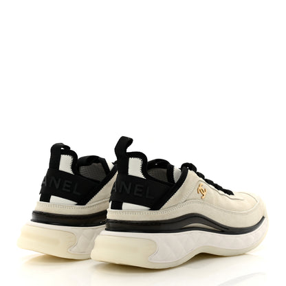 Chanel Suede Calfskin Nylon Grosgrain CC Sneakers 37.5 Beige Black 4 of 9