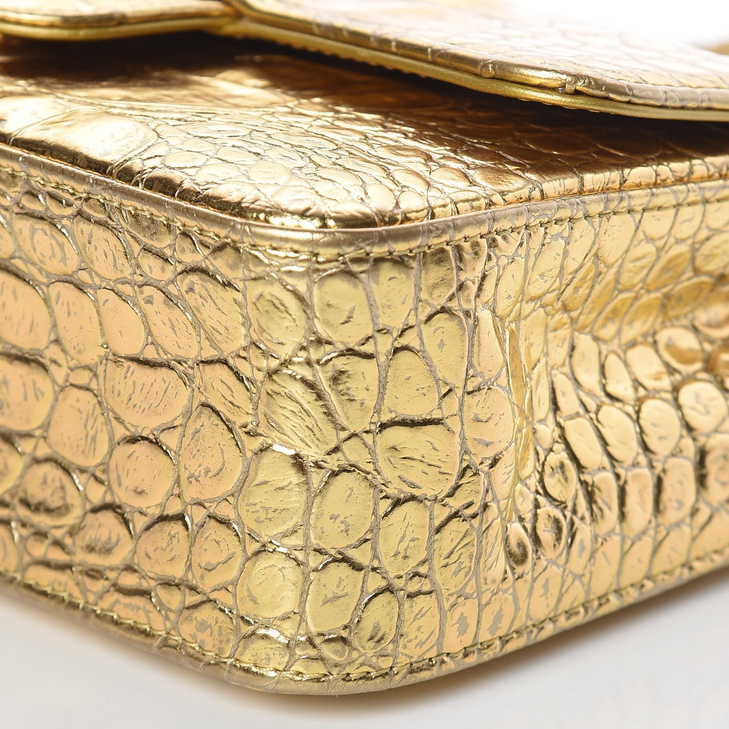 Metallic Calfskin Crocodile Embossed Cocodile Rectangular Mini Flap Gold