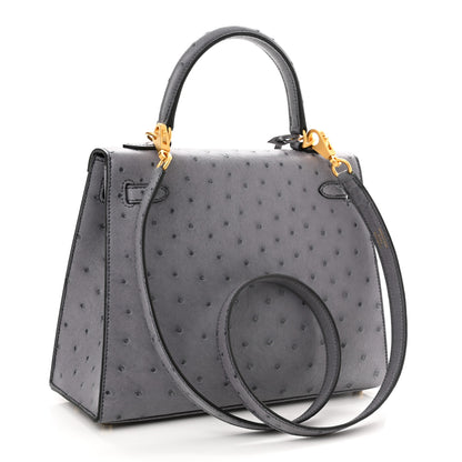 Hermes Ostrich Horseshoe Kelly Sellier 25 Gris Agate Bleu Electrique 3 of 11