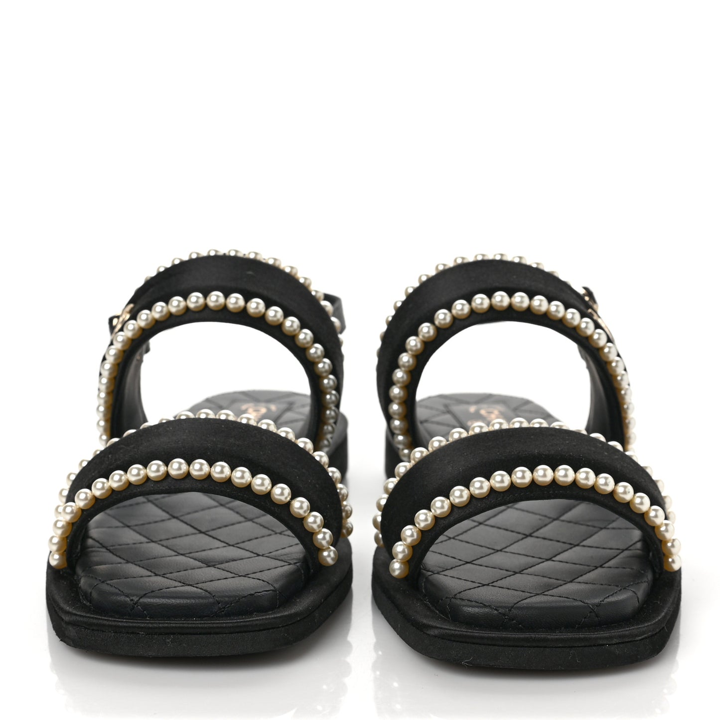 Satin Pearl Quilted Flat Sandals 37 Black