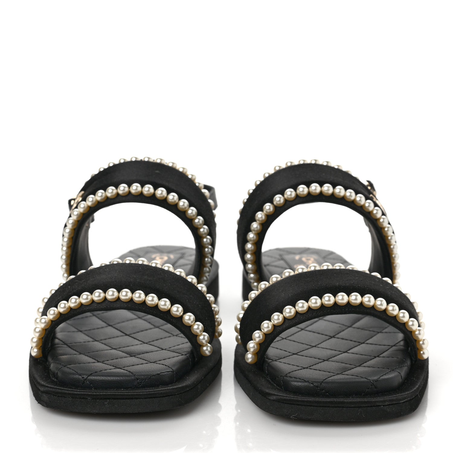 Chanel Satin Pearl Quilted Flat Sandals 37 Black 2 of 7