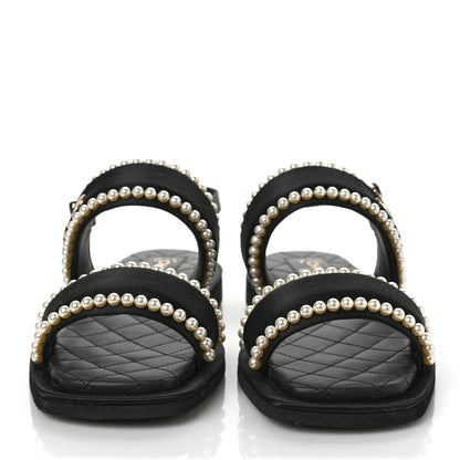 Chanel Satin Pearl Quilted Flat Sandals 37 Black 2 of 7