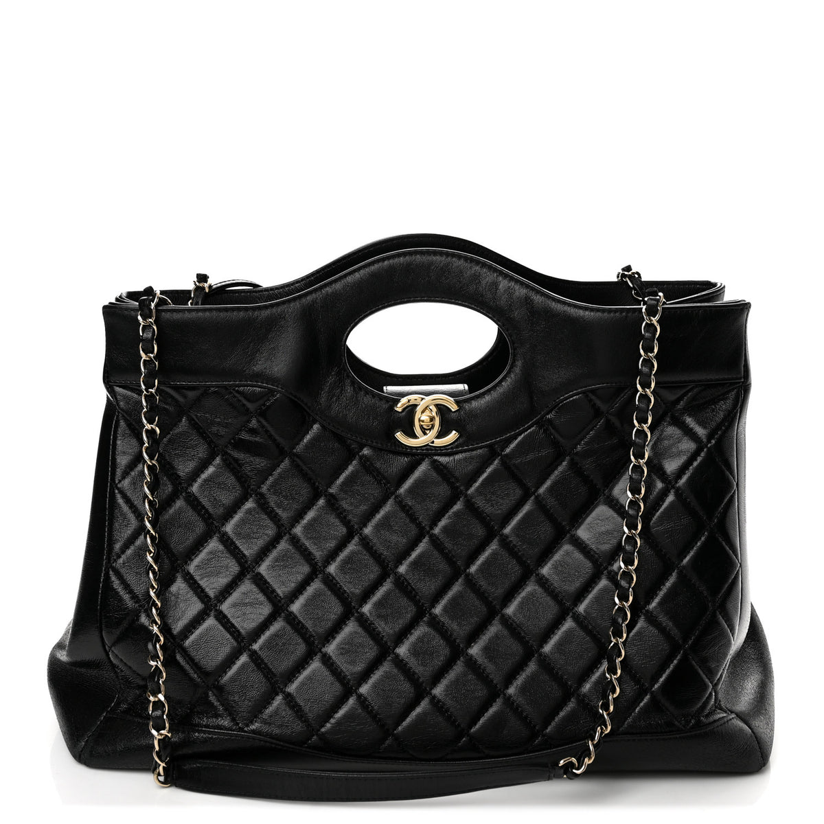 Shiny Lambskin Quilted Large 31 Shopping Bag Black