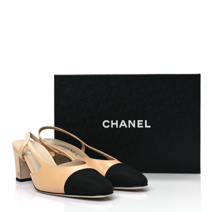 Chanel Goatskin Grosgrain Cap Toe CC Slingback Pumps 40 Beige Black 9 of 9