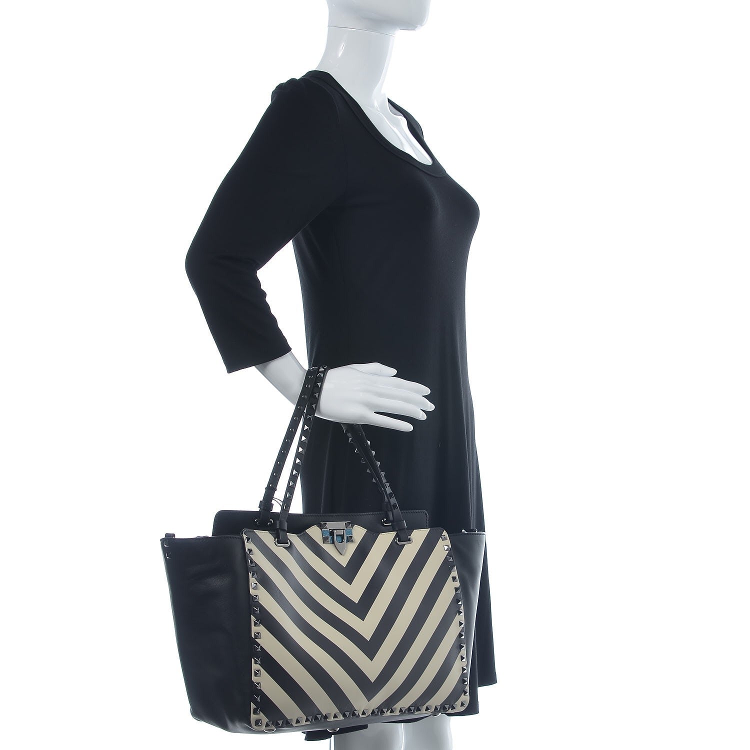 Valentino Garavani Calfskin Chevron Medium Rockstud Tote Light Ivory Black 2 of 14