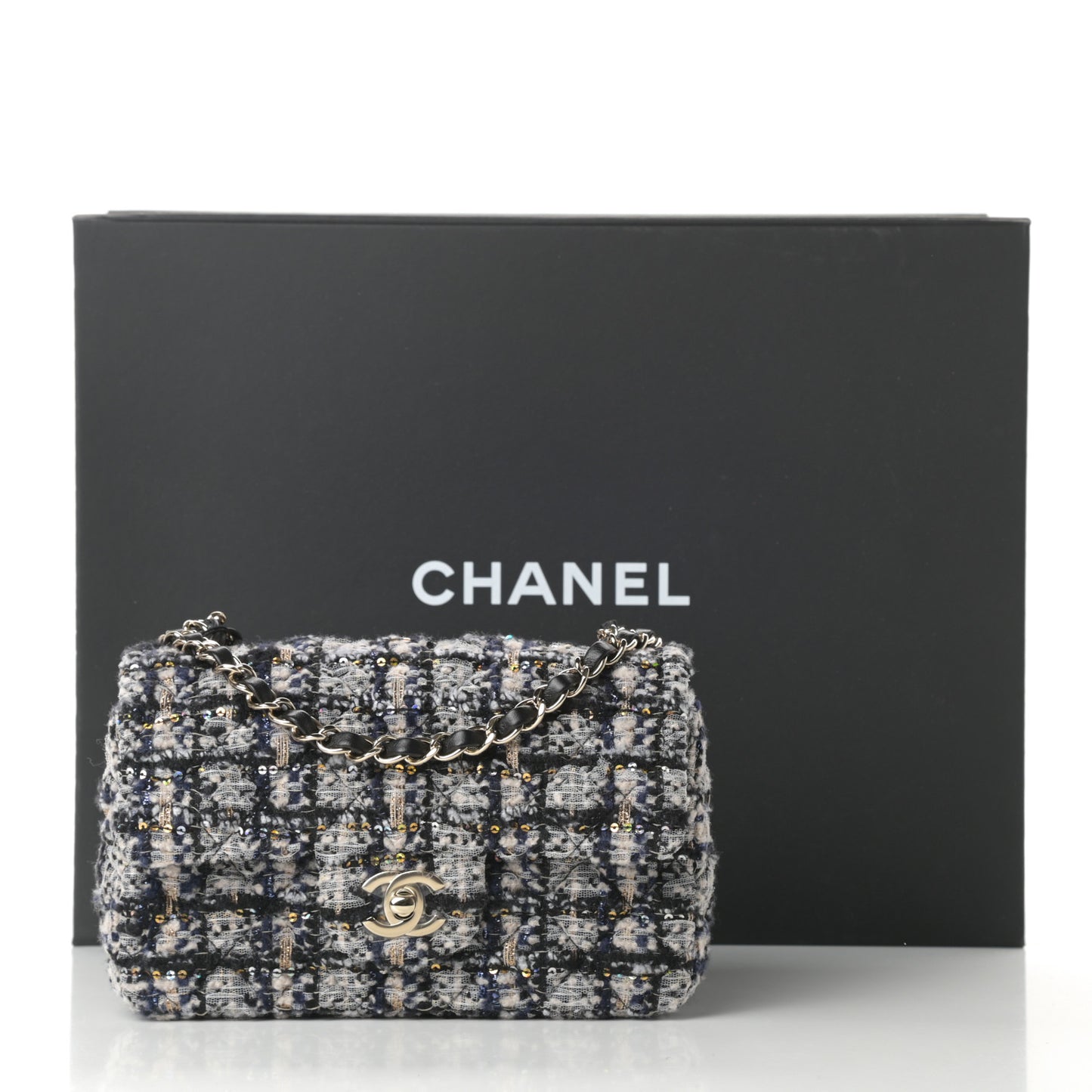 Glittered Tweed Quilted Mini Rectangular Flap Navy Blue