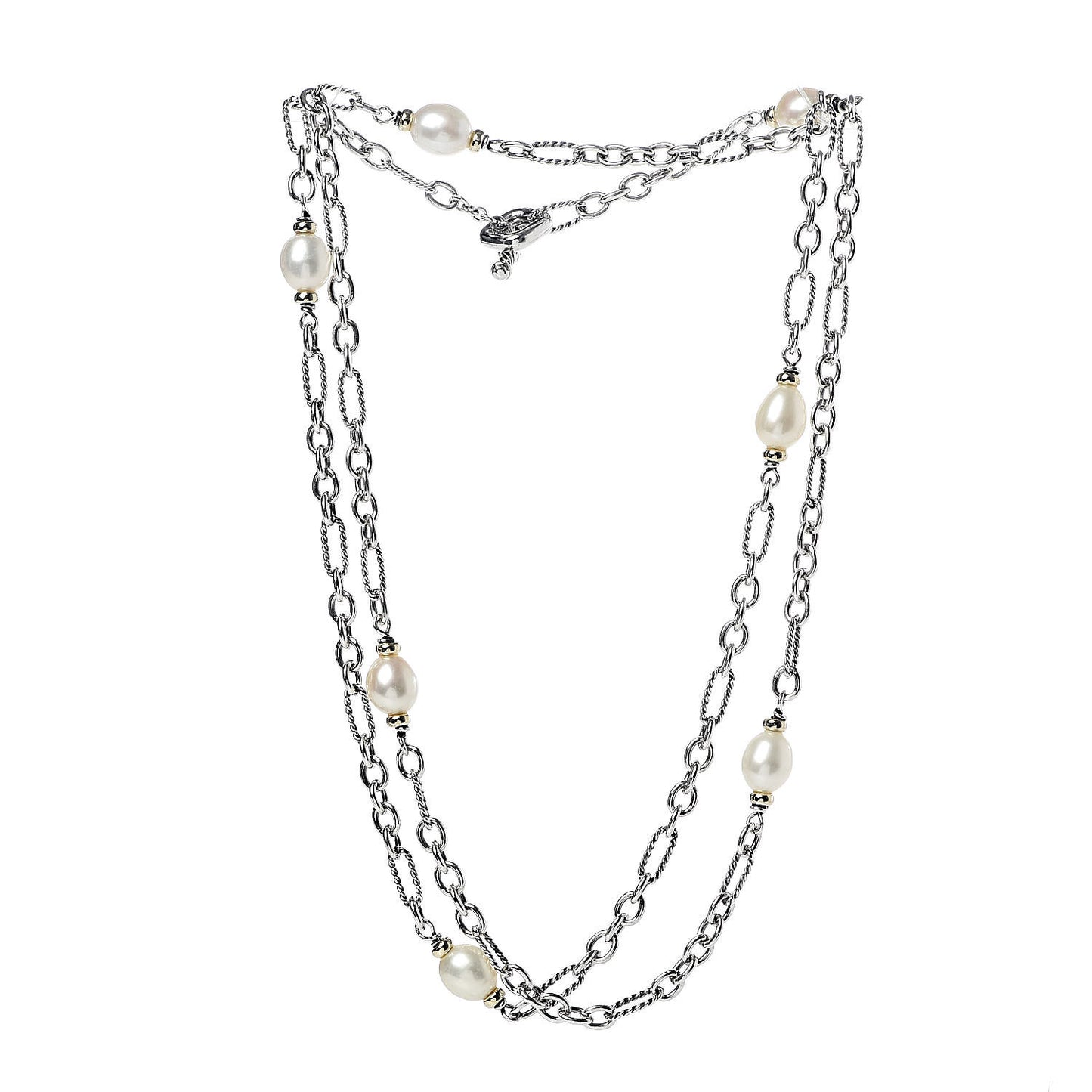 Sterling Silver 18K Yellow Gold Baroque Pearl Long Figaro Chain Necklace