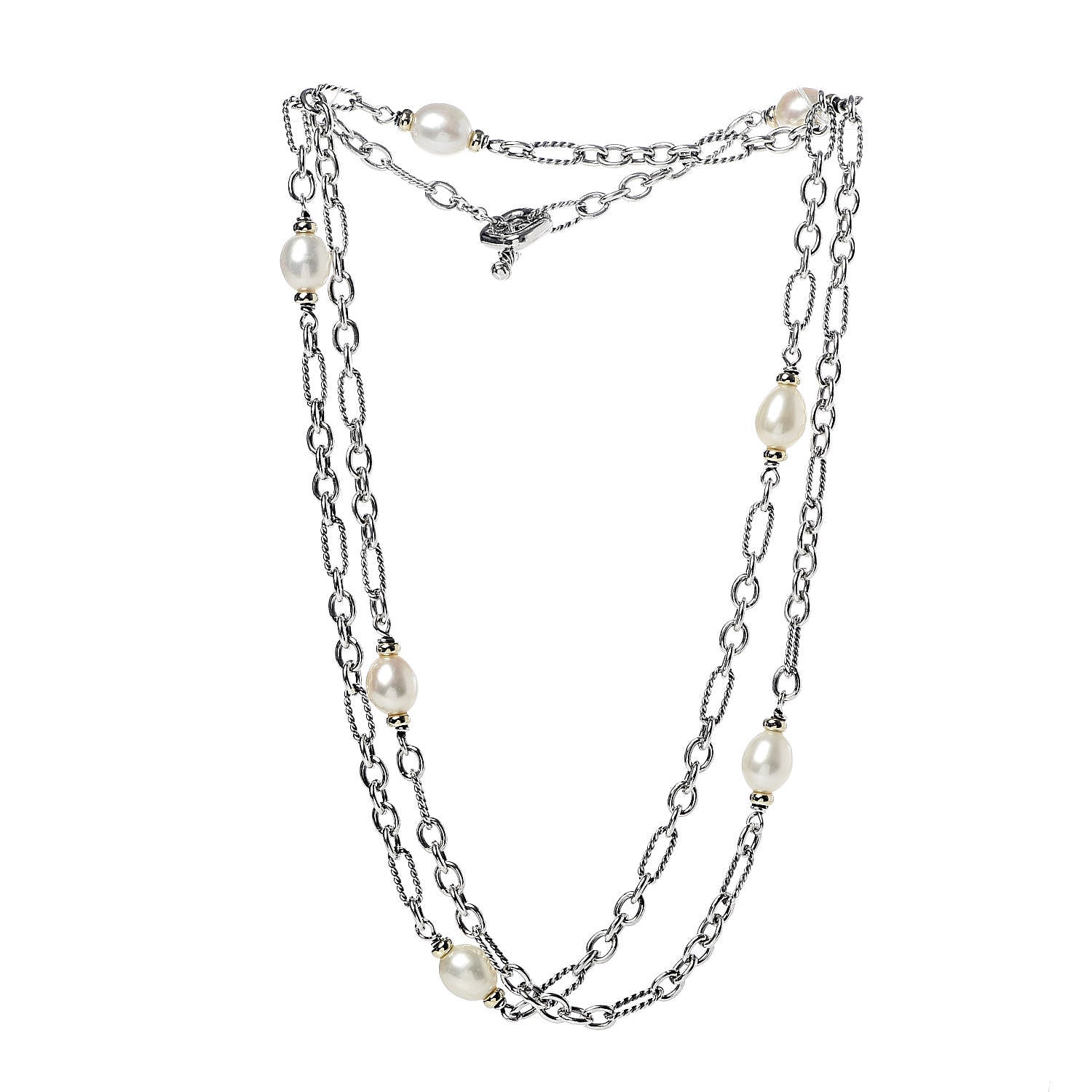 David Yurman Sterling Silver 18K Yellow Gold Baroque Pearl Long Figaro Chain Necklace 3 of 5