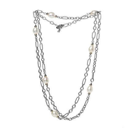David Yurman Sterling Silver 18K Yellow Gold Baroque Pearl Long Figaro Chain Necklace 3 of 5