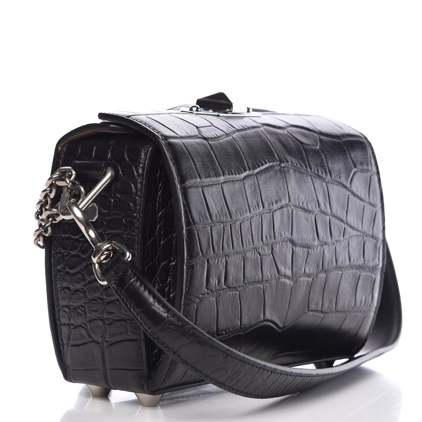 Calfskin Crocodile Embossed Box Shoulder Bag 19 Black