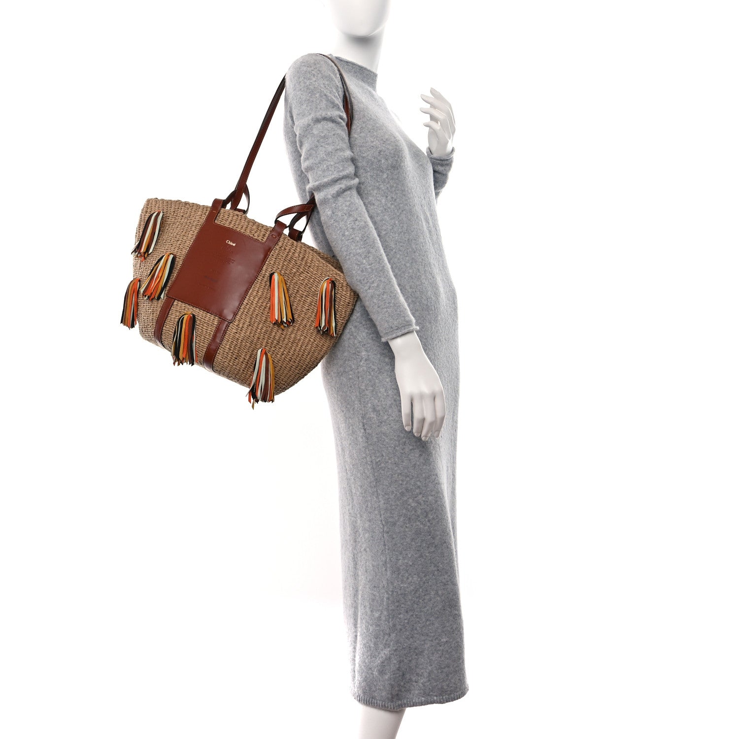 Chloe Raffia Calfskin Tassel Large Basket Tote Sepia Brown 2 of 8