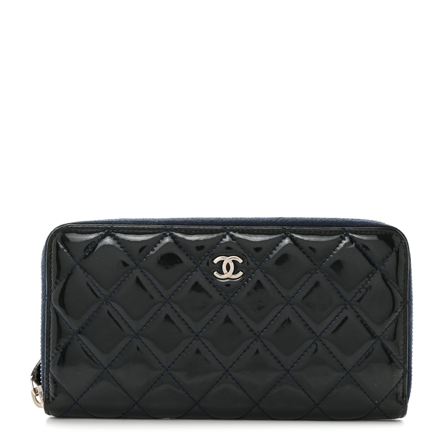 Patent Quilted Zip Around Wallet Blue