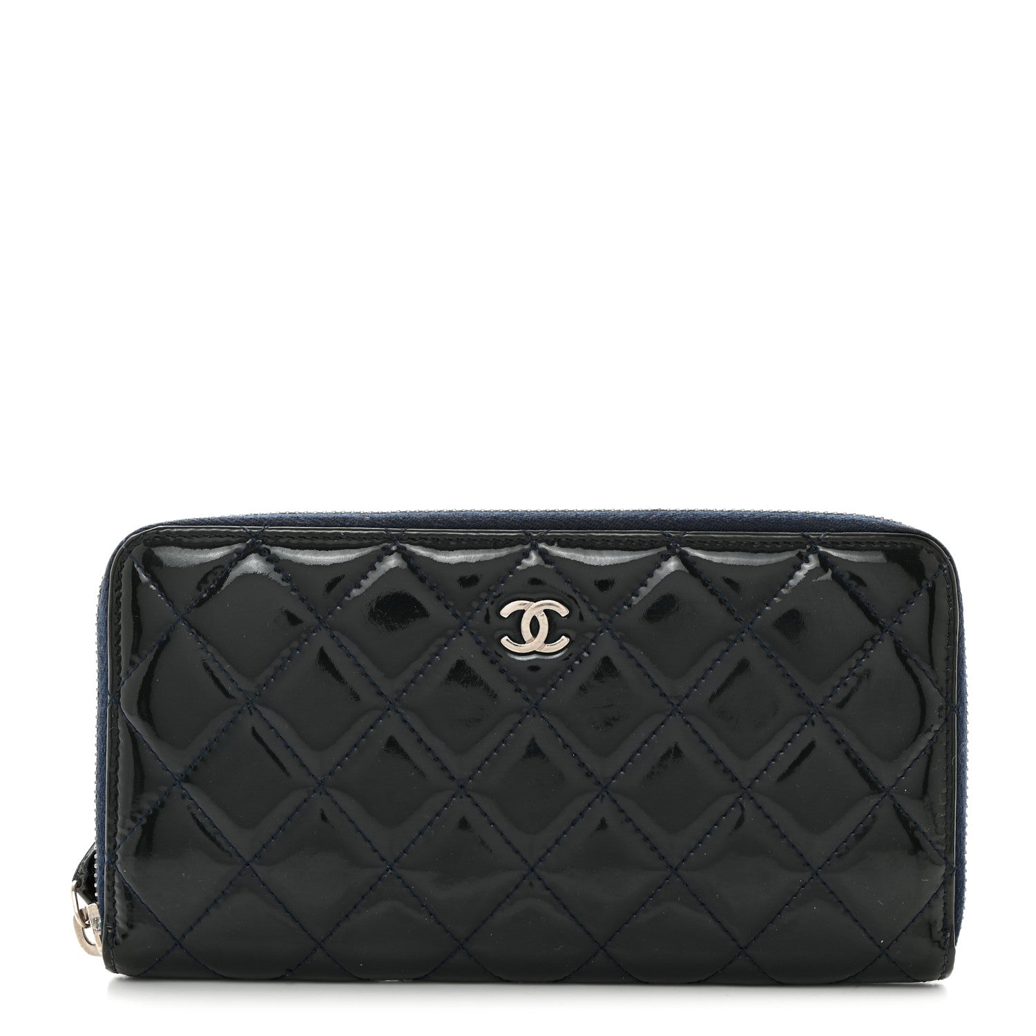 Chanel Patent Quilted Zip Around Wallet Blue 1 of 8