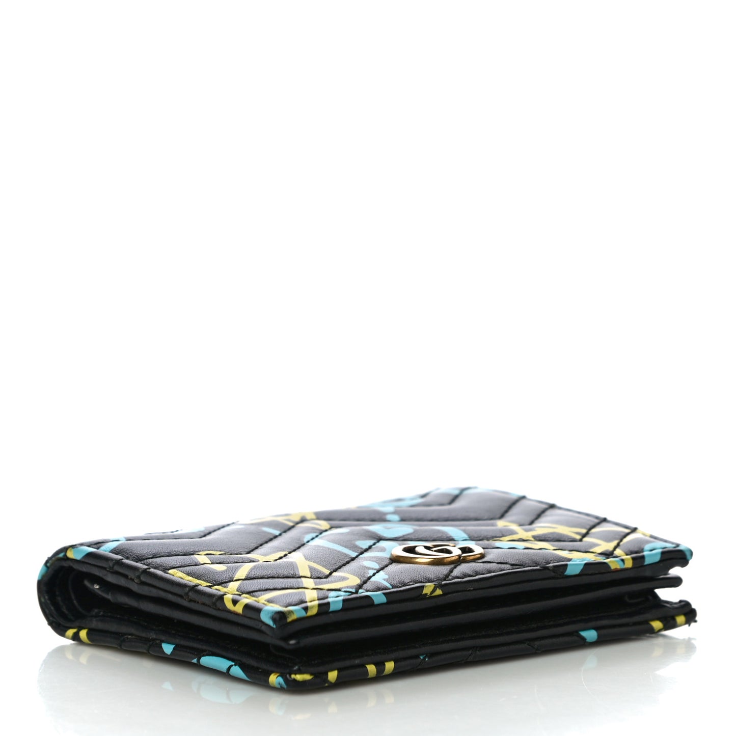 Calfskin Matelasse GucciGhost GG Marmont Card Case Wallet Black New Acquamarine
