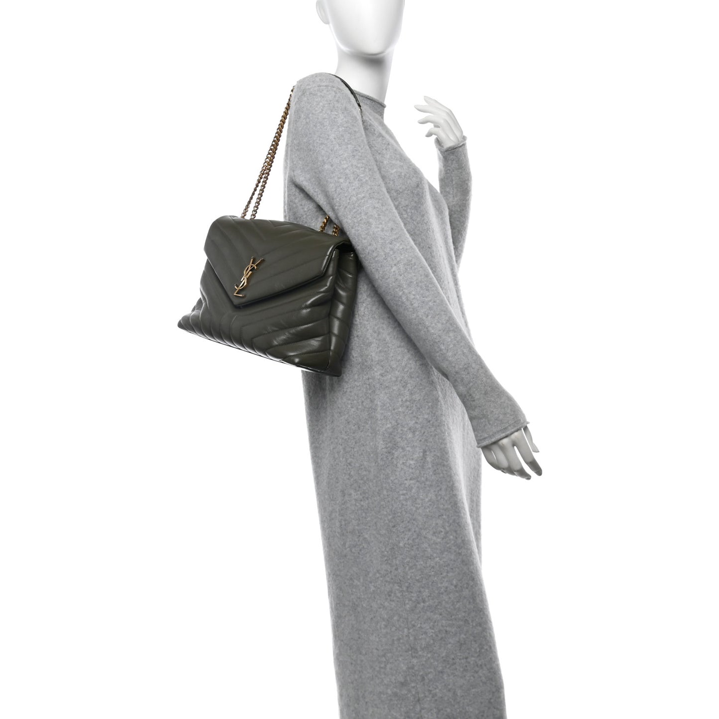 Calfskin Y Quilted Monogram Medium Loulou Chain Satchel Grey Kaki