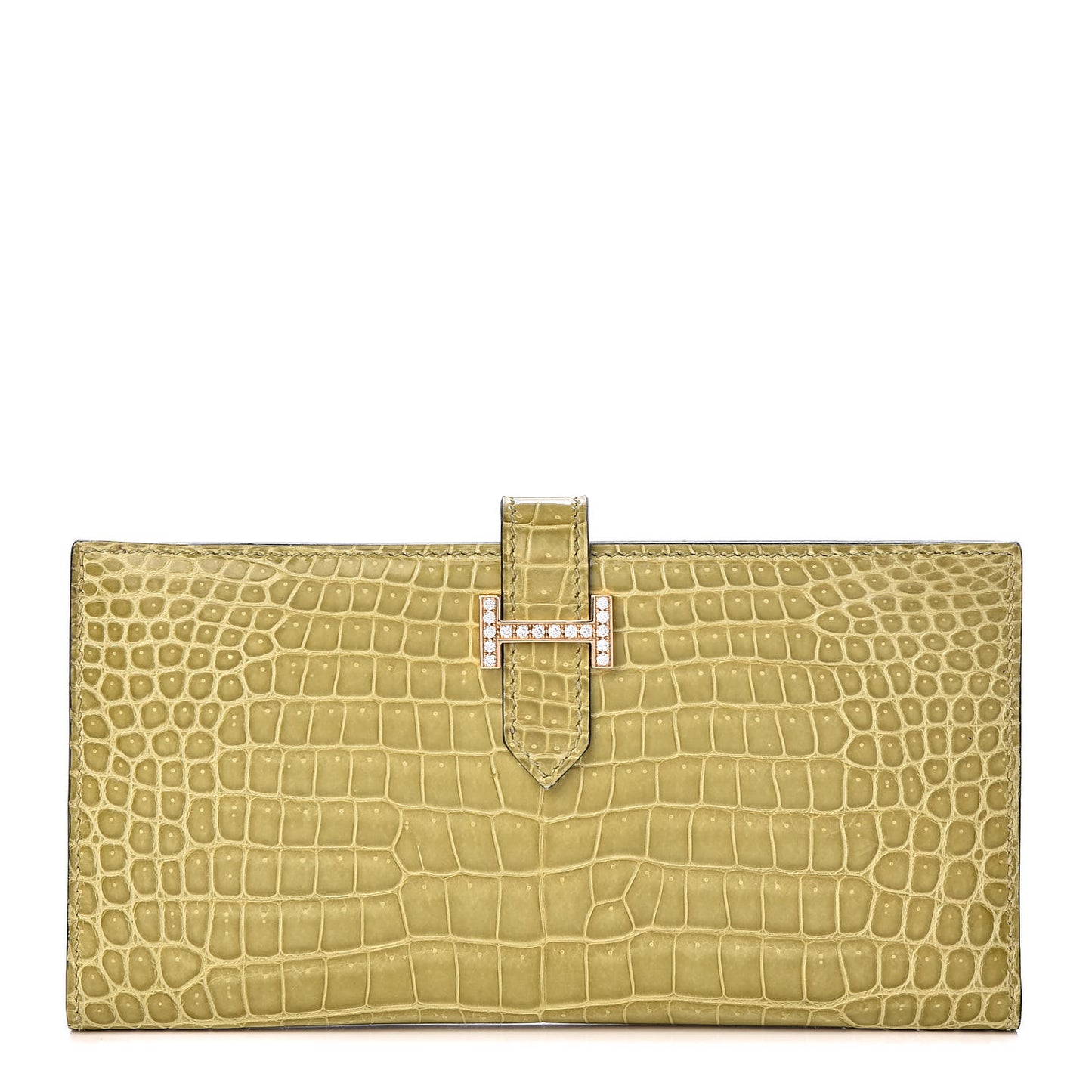 Shiny Porosus Crocodile 18K Gold Diamond Bearn Wallet Vert Anis