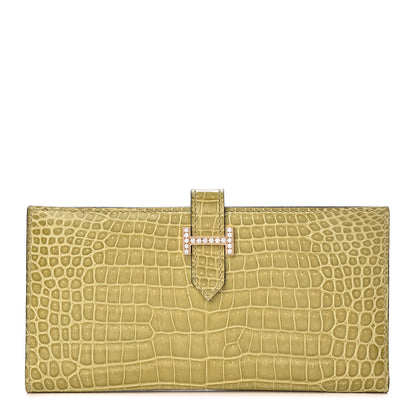 Hermes Shiny Porosus Crocodile 18K Gold Diamond Bearn Wallet Vert Anis 1 of 10