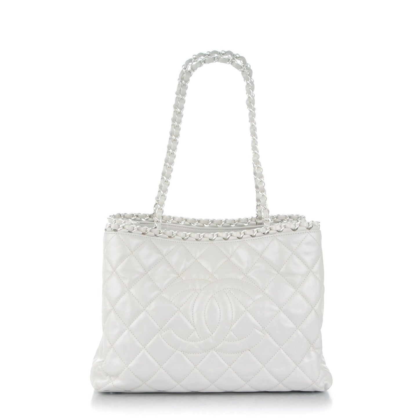 Glazed Calfskin Quilted Small Chain Me Tote Dark White