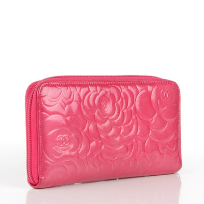 Chanel Patent Camellia Embossed Large Gusset Zip Around Wallet Pink 3 of 8