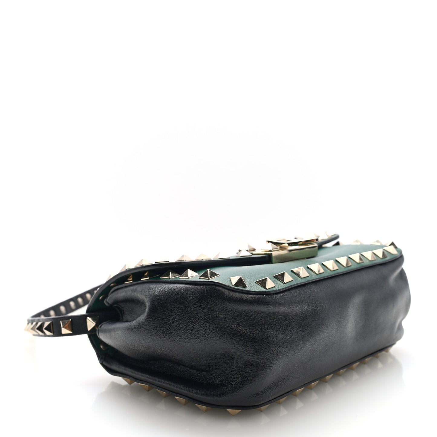Vitello Small Rockstud Flap Saddle Bag Smeraldo Black