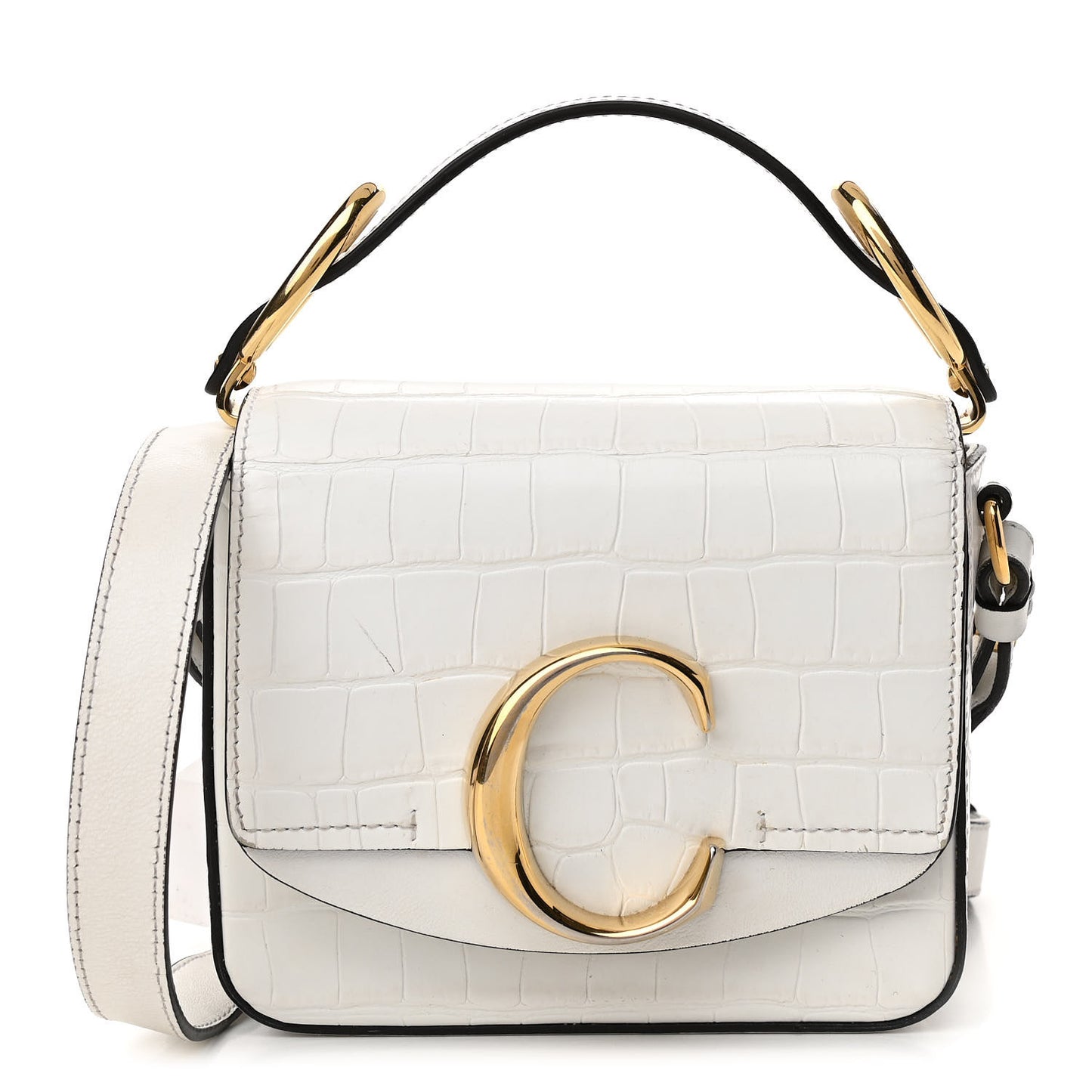 Calfskin Crocodile Embossed Mini C Double Carry Brilliant White
