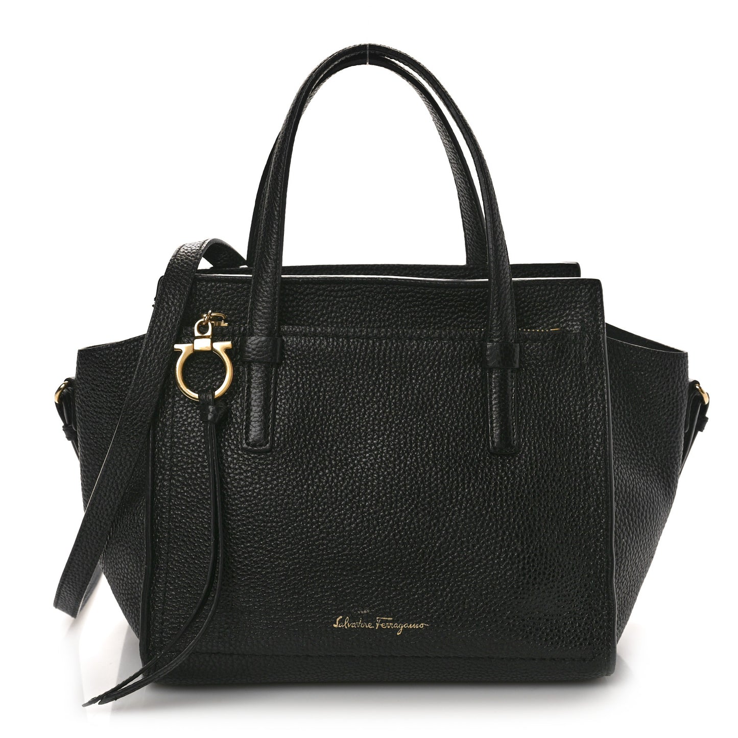SALVATORE FERRAGAMO Hammered Calfskin Double Handle Small Amy Tote Black