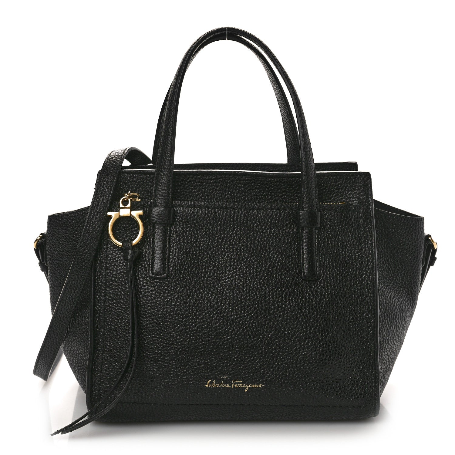Salvatore Ferragamo SALVATORE FERRAGAMO Hammered Calfskin Double Handle Small Amy Tote Black 1 of 10