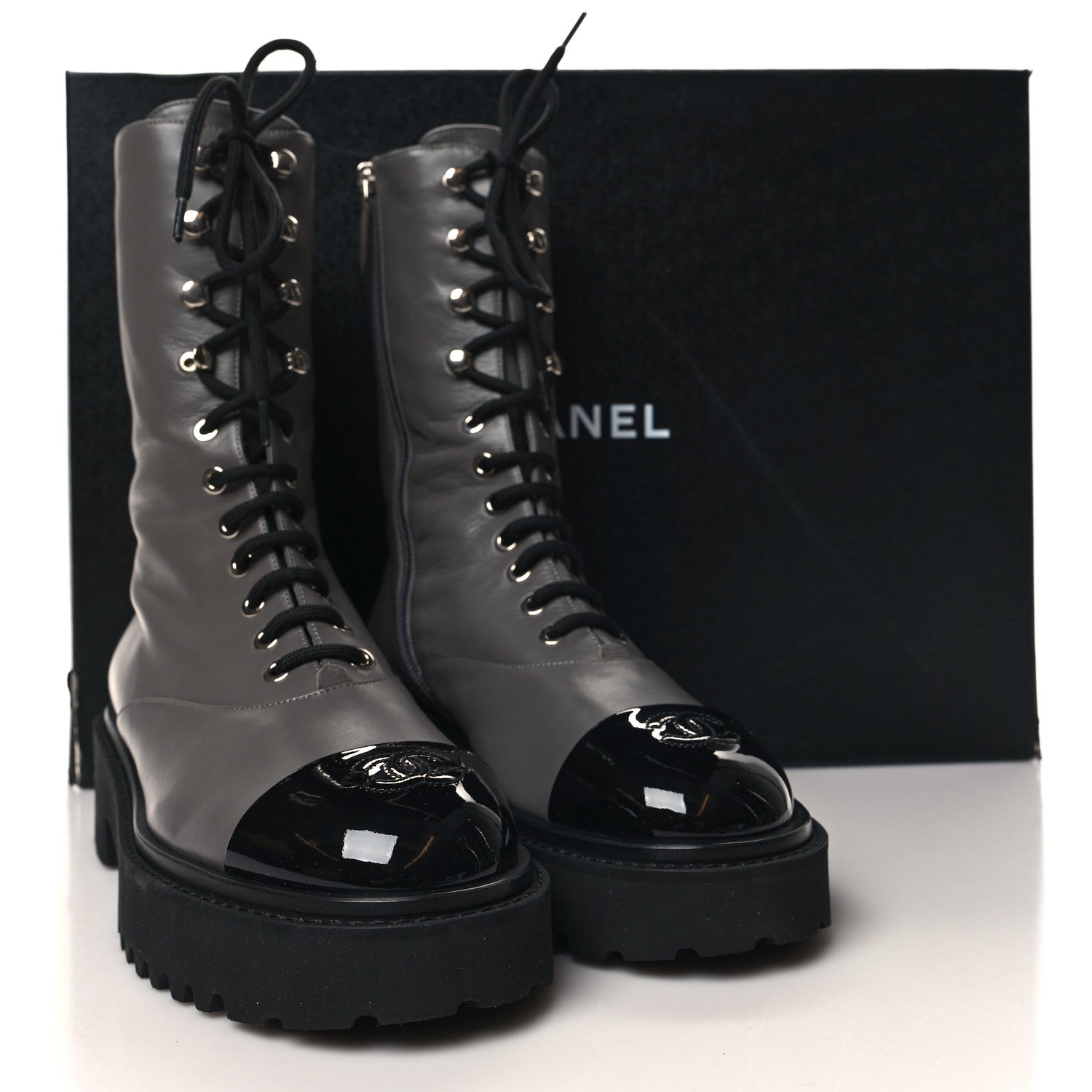 Chanel Crumpled Calfskin Patent Cap Toe Lace Up Combat Boots 40 Dark Grey Black 9 of 9