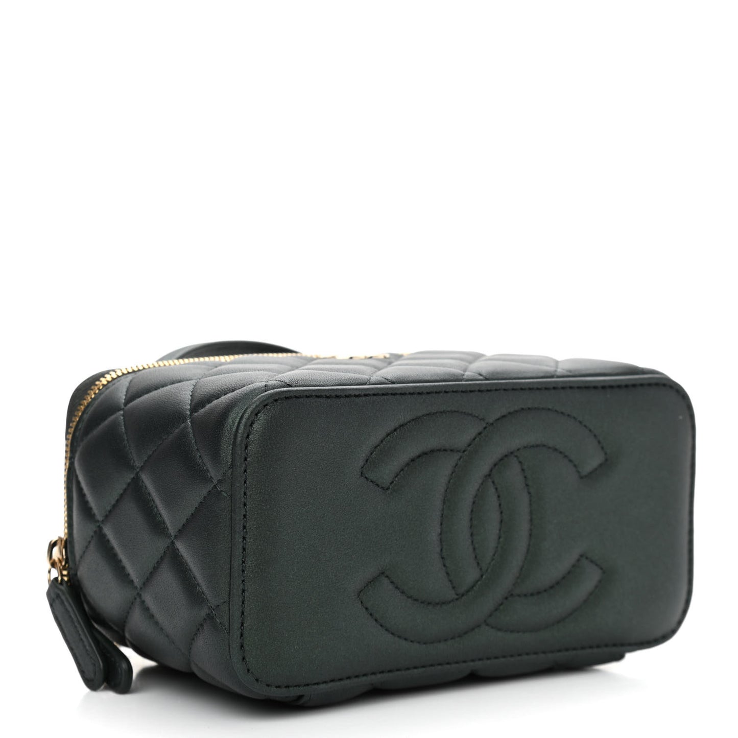 Iridescent Lambskin Quilted Small Top Handle Vanity Case With Chain Dark Green