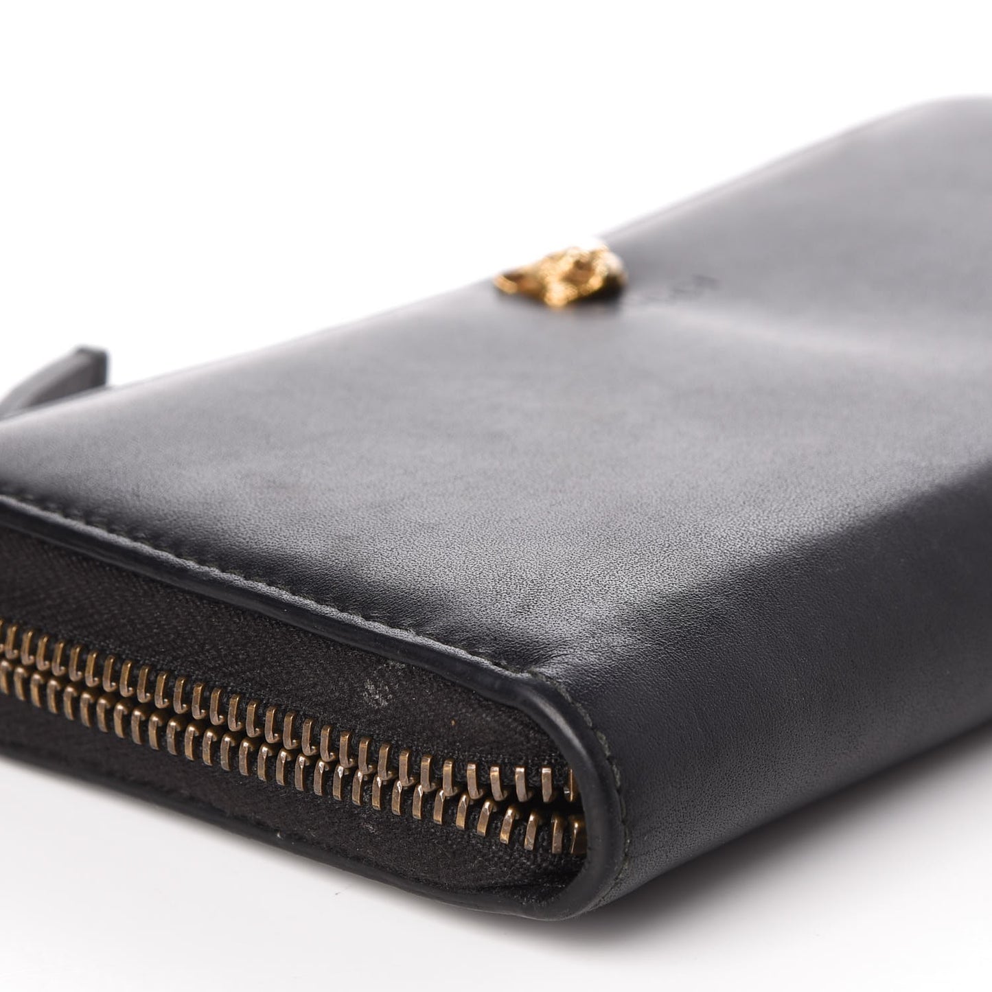 Calfskin Tiger Head Zip Around Wallet Black