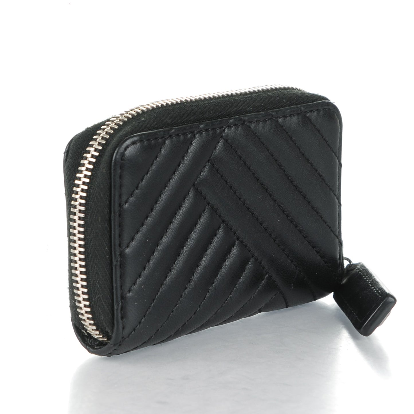 Lambskin Chevron Zip Around Coin Purse Wallet Black