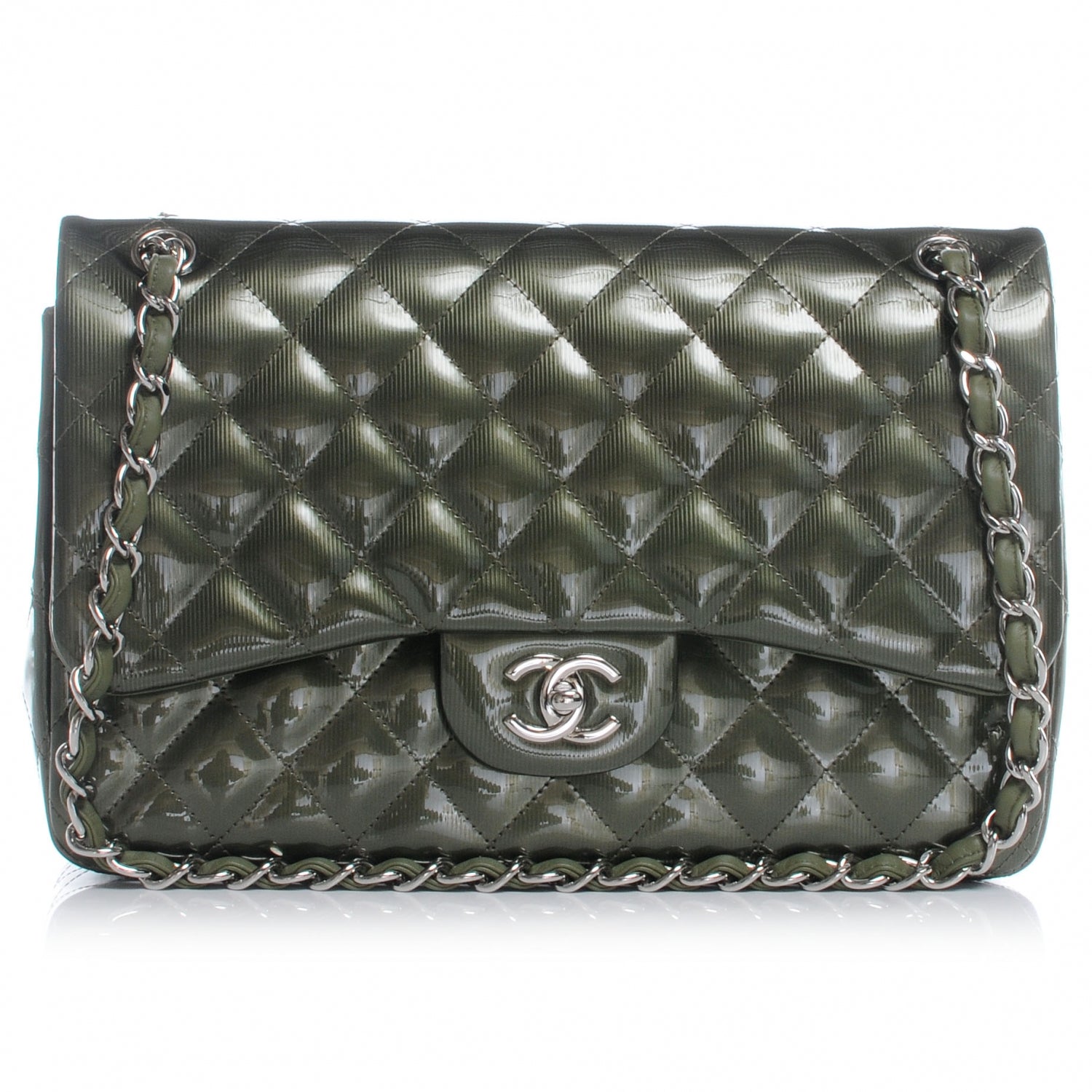 Chanel Striated Patent Jumbo Double Flap Green 1 of 8