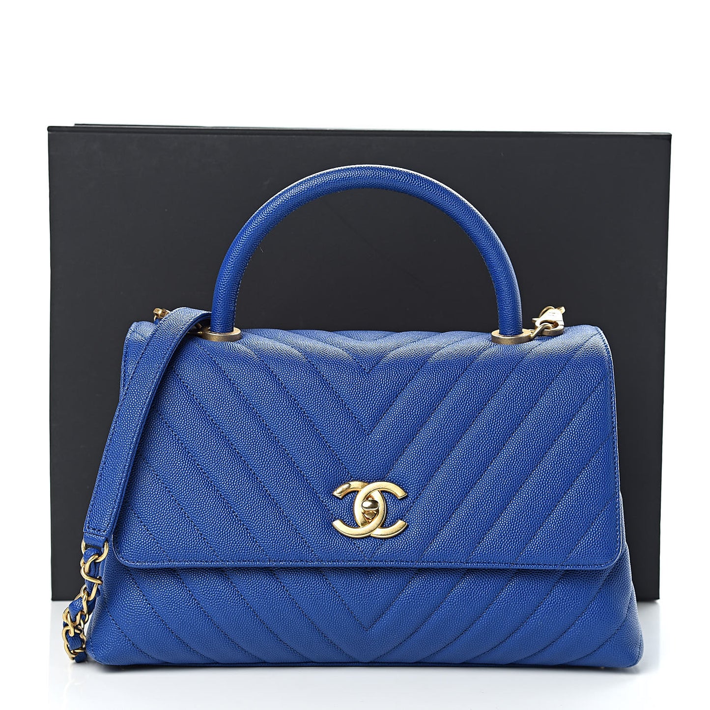 Caviar Chevron Quilted Small Coco Handle Flap Blue
