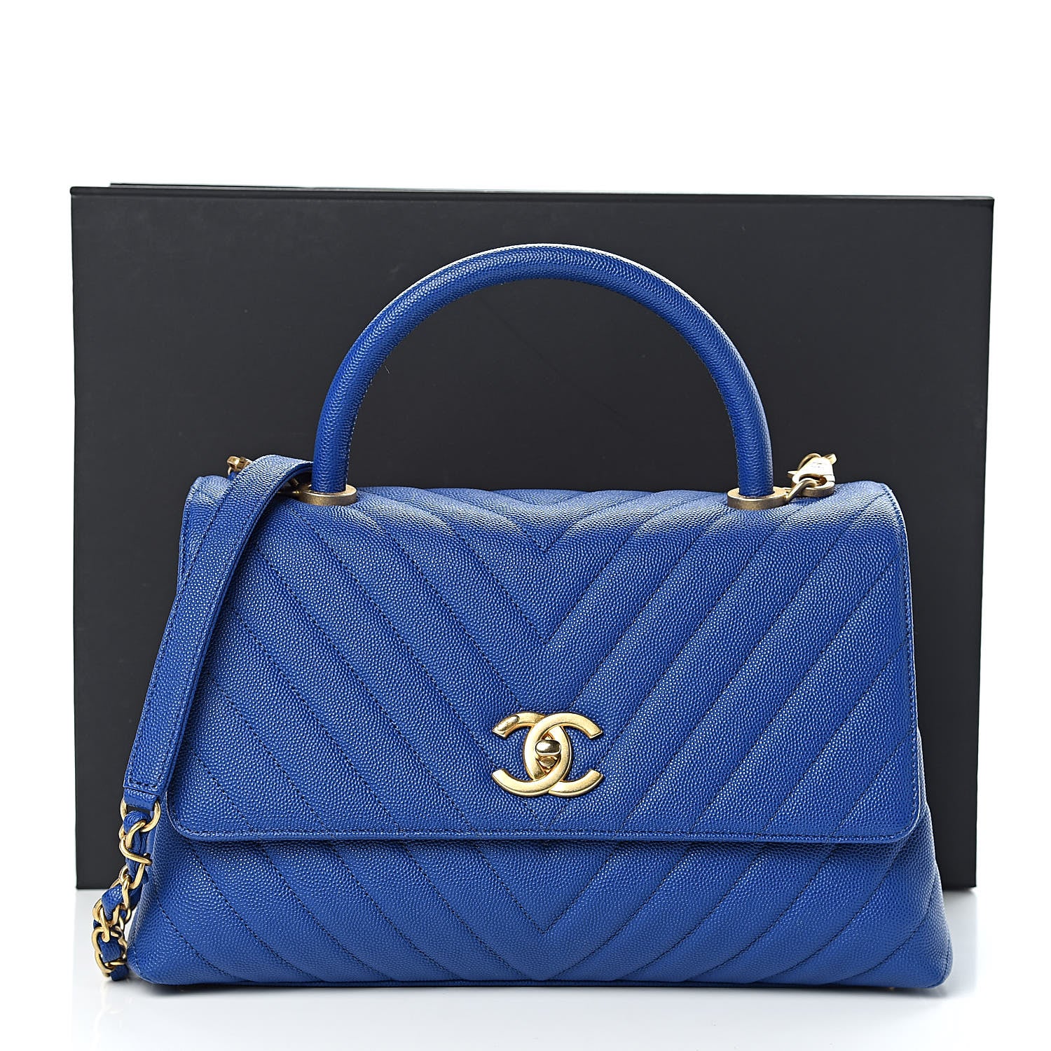 Chanel Caviar Chevron Quilted Small Coco Handle Flap Blue 11 of 11