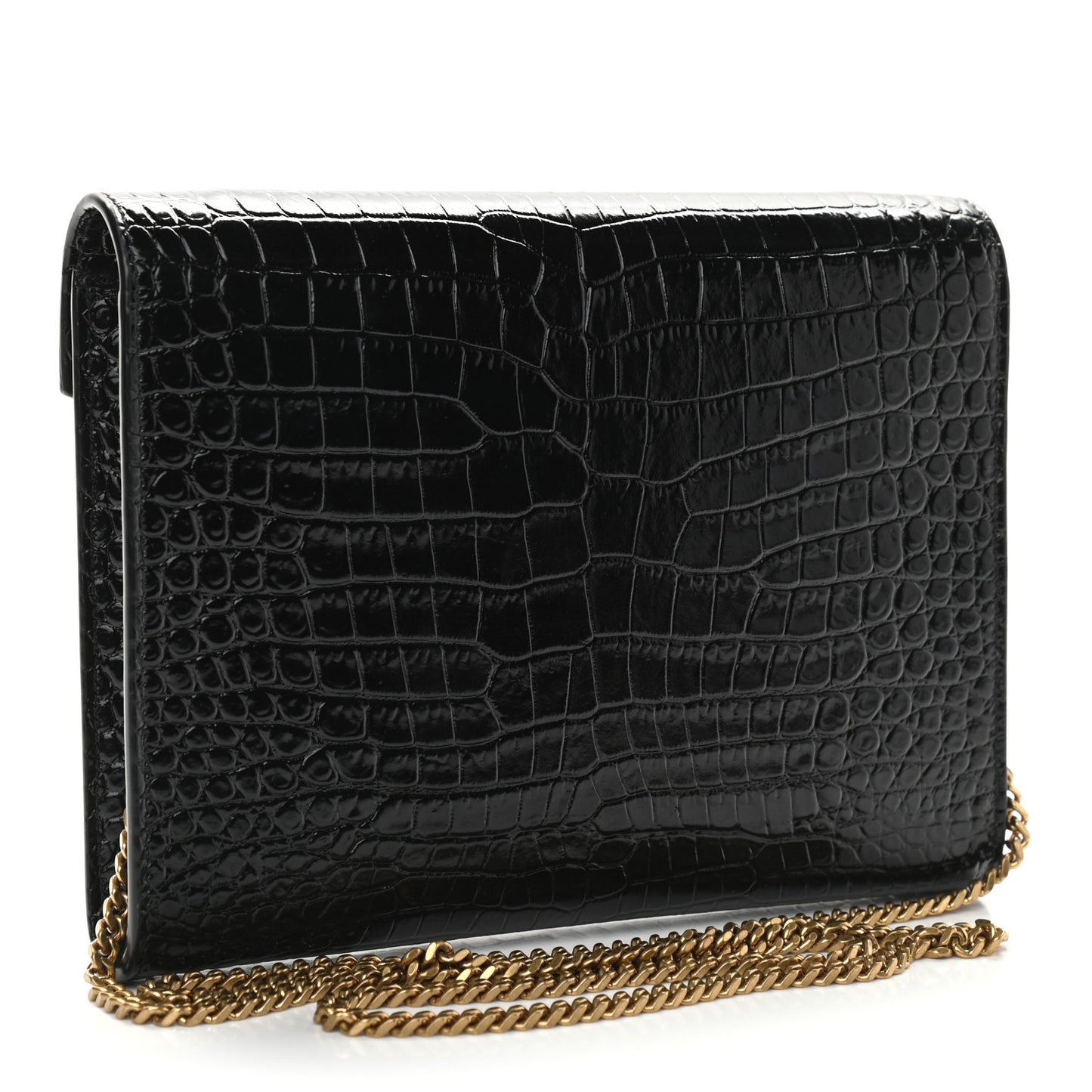 Calfskin Crocodile Embossed Monogram Cassandra Chain Wallet Black