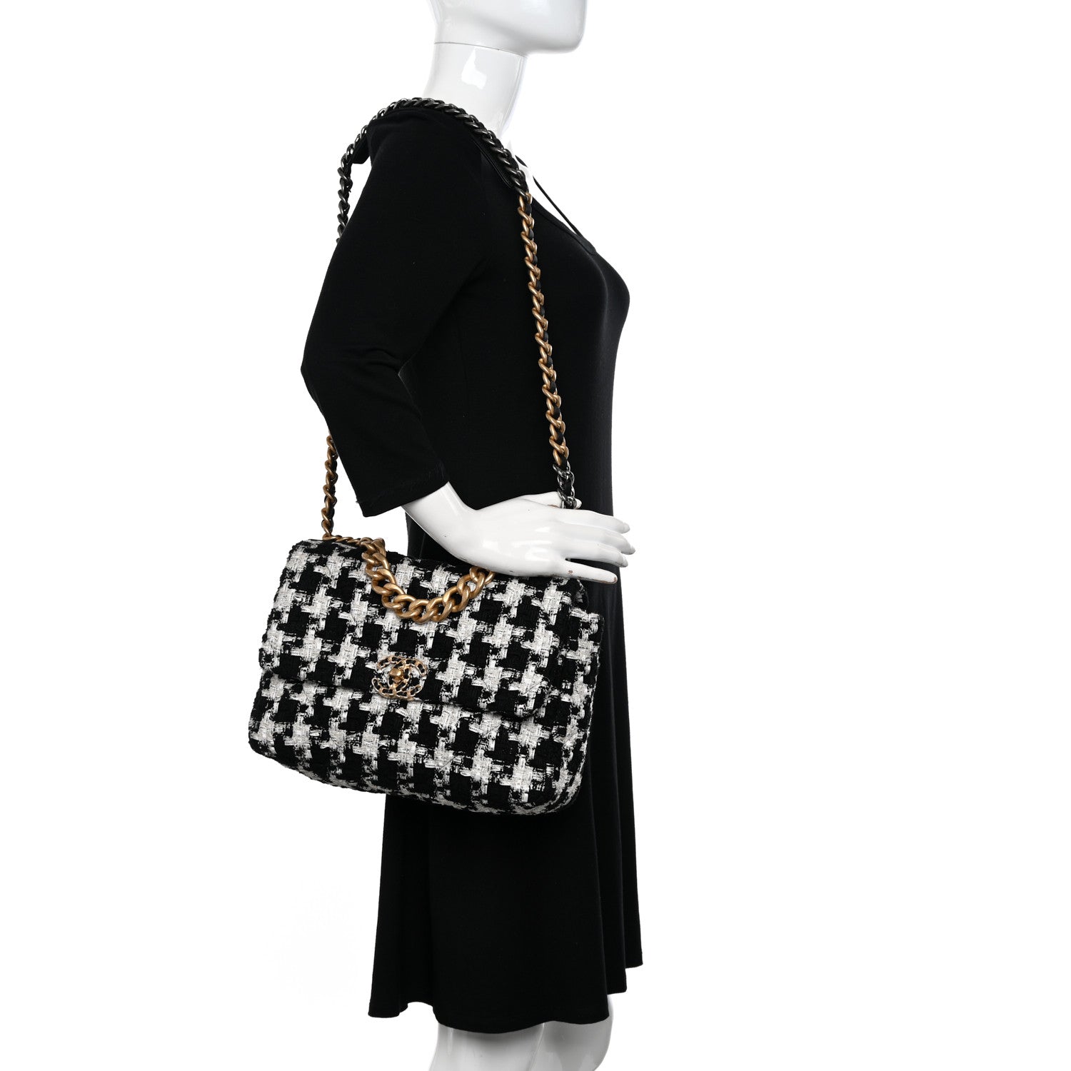 Chanel Tweed Quilted Large Chanel 19 Flap Black Ecru White 2 of 11